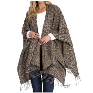 Woolrich Leopard Print Poncho Wrap with Fringe One Size Polyester & Viscose
